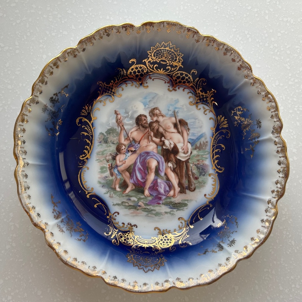Antique Royal Bavarian PMB Germany Neptune Theme Blue Round Decorative Bowl